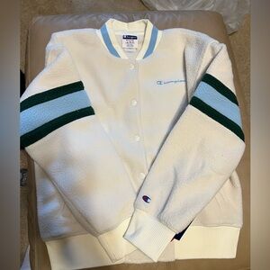 Champion Authentic woman’s challenge white multi color fleece bomber jacket  NWT